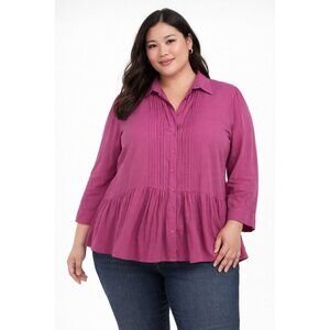 Toni Morgan Women's Button Up Blouse Pin Tuck Pleats Peplum Hem Purple Size L